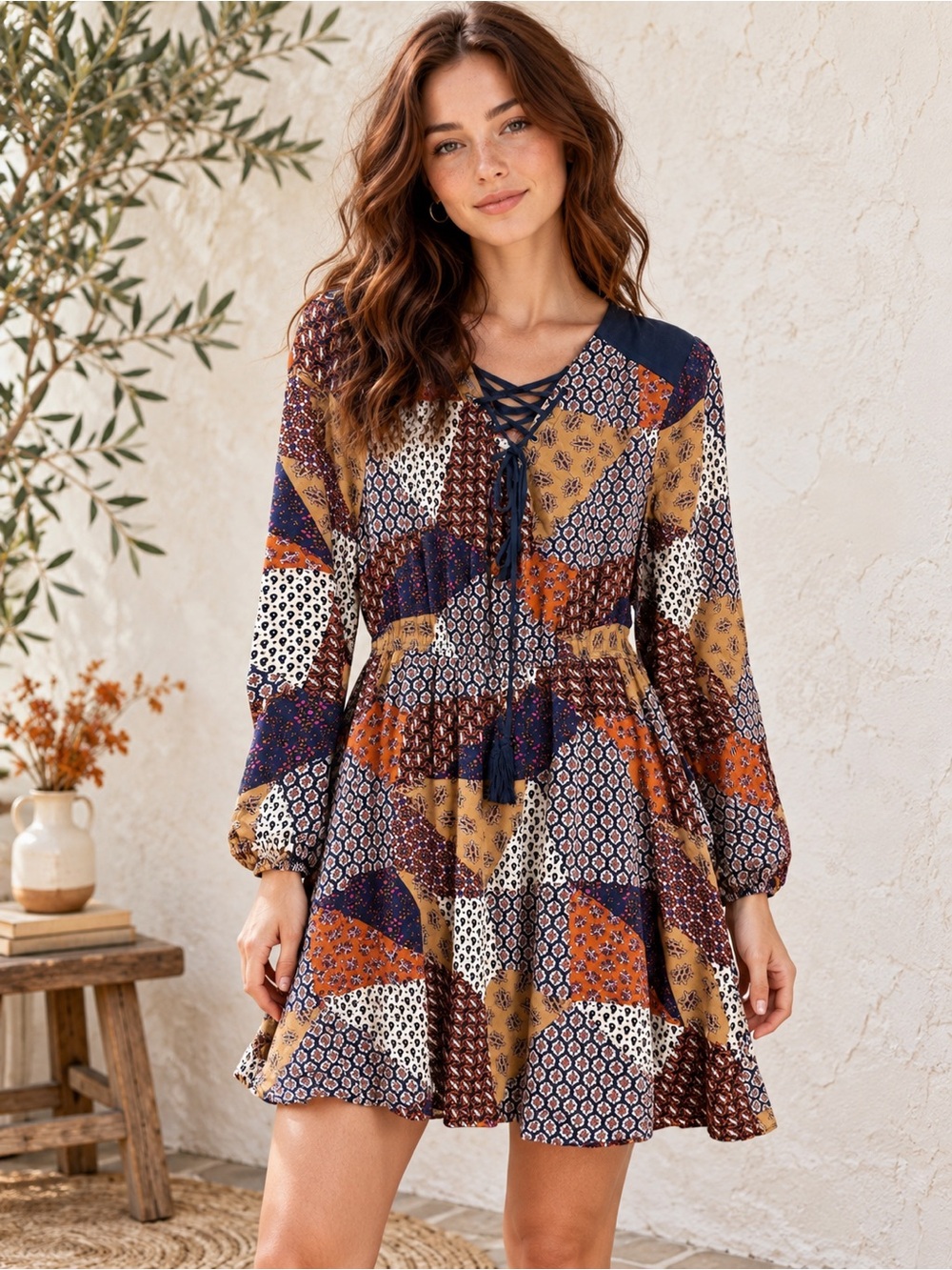 Patchwork Boho Dress Faux Suede Lace Up Tassels Western Prairie L